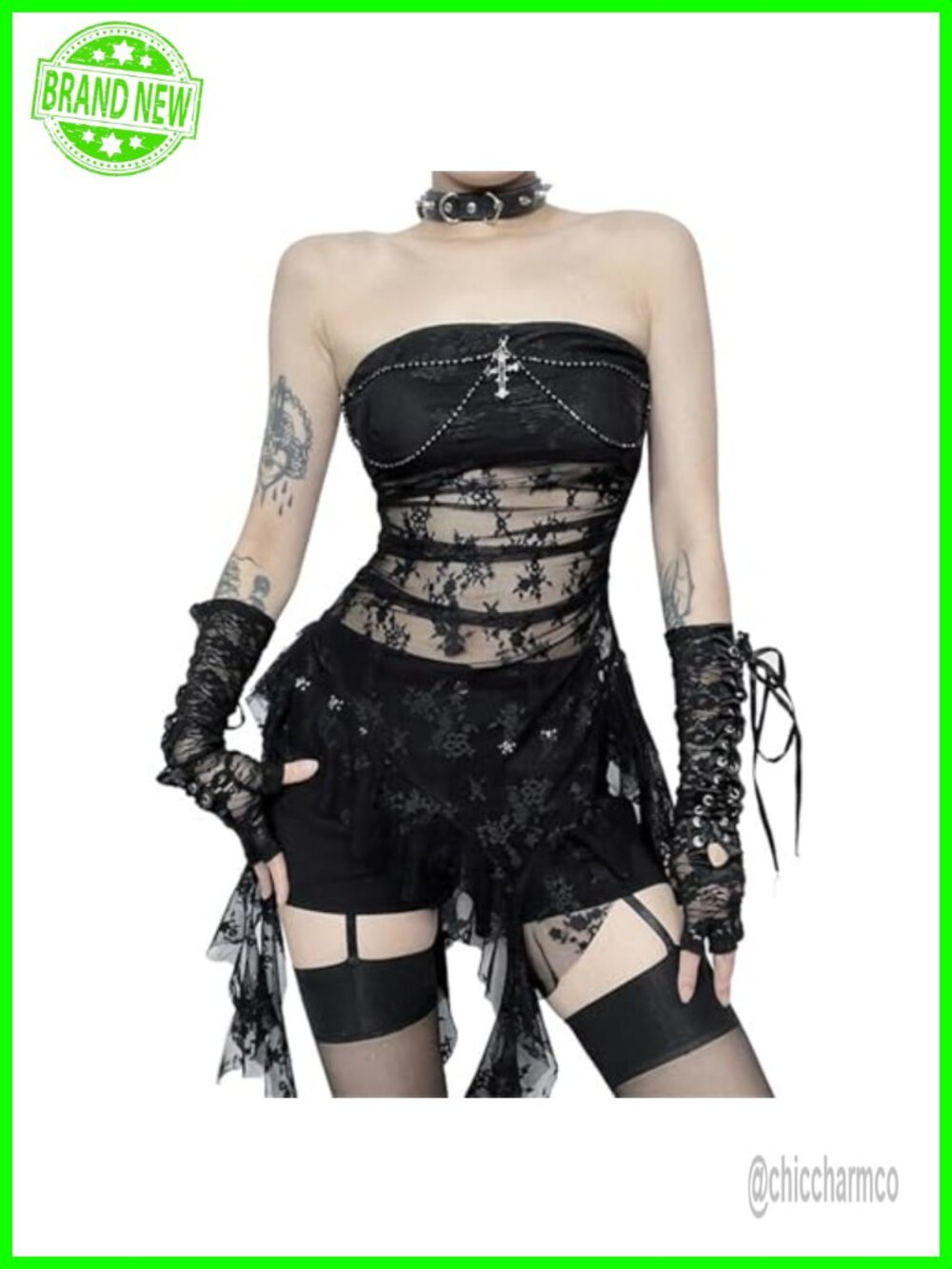 Women's Gothic Strapless Crop Tank Top Sheer Lace Patchwork Y2K Tube Top